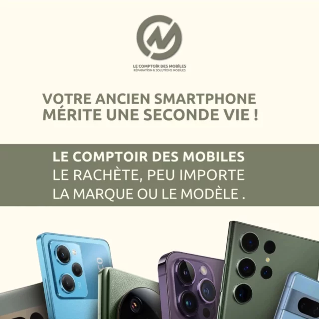 Votre ancien smartphone mérite une seconde vie !

Chaque téléphone a une histoire... mais il mérite aussi un nouvel avenir. 🌍
Que vous ayez un iPhone, un Samsung, un Xiaomi ou toute autre marque, nous le rachetons, même s'il n’est plus tout récent.

🟠 Pourquoi nous choisir ?
 - Aucune surprise : estimation honnête et immédiate.
 - Toutes marques et tous modèles acceptés.
 - Processus simple et rapide : en 15 à 30 minutes, c’est réglé !
 - Engagement éco-responsable : vos anciens appareils sont remis en circulation ou recyclés dans les meilleures conditions.

Notre objectif : vous permettre de récupérer de la valeur sur votre ancien smartphone et contribuer à un geste pour la planète 🌱.

📍 Venez directement dans l'une de nos boutiques :

 - Neuilly-sur-Seine – 4 rue de Longchamp
 - Neuilly-sur-Seine – 27 rue de Chartres
 - Boulogne-Billancourt – 98 rue Gallieni
 - Montrouge – 73 avenue de la République

🕙 Horaires d'ouverture : lundi à samedi de 10h à 19h
📞 Appelez-nous : 01 46 37 72 74
📩 Mail : info@lecomptoirdesmobiles.com

♻️ Ne jetez pas votre ancien smartphone. Valorisez-le avec Le Comptoir des Mobiles !

#recyclagesmartphone #rachatmobile #secondevie #lecomptoirdesmobiles