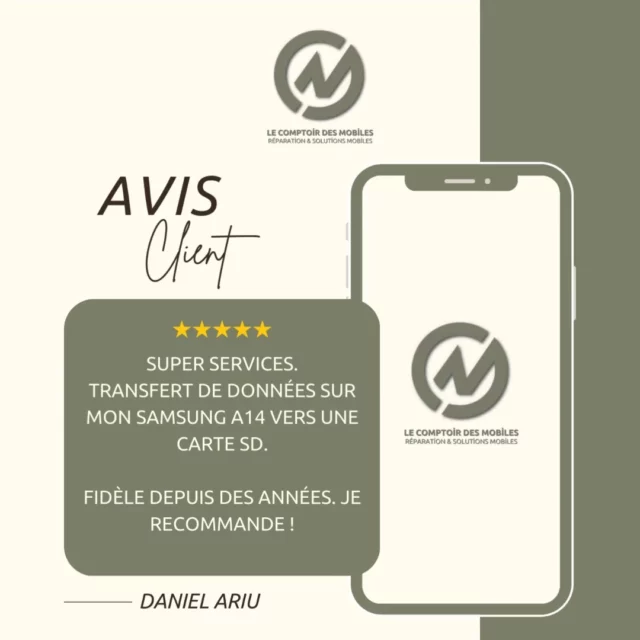 ✨ Témoignage client – Daniel Ariu, client fidèle 🙌

"Super services. Transfert de données sur mon Samsung A14 vers une carte SD. Fidèle depuis des années. Je recommande !"

📍 Daniel est venu en boutique pour transférer toutes ses données de son téléphone vers sa carte SD : photos, contacts, documents…
En quelques minutes, tout était en place !

✔️ Un service rapide, sans prise de tête
✔️ Des techniciens à l’écoute
✔️ Et surtout : la satisfaction d’un client fidèle depuis plusieurs années 💚

🔁 Transfert, sauvegarde, récupération… quelle que soit votre demande, notre équipe vous accompagne avec simplicité et expertise.

🙏 Merci pour votre fidélité Daniel !

#avisclient #temoignageclient #comptoirdesmobiles #transfertdonnees #samsunga14 #servicesmartphone #clientfidele #reparationmobile #sauvegardetelephone #mobilelife