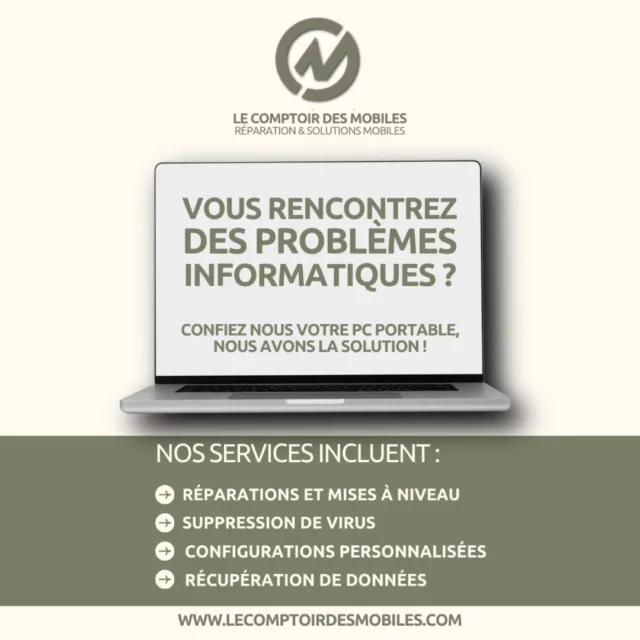 💻 Votre ordinateur rame ? Plante ? Bug sans arrêt ?

Pas de panique. Le Comptoir des Mobiles ne s’occupe pas que des téléphones 😉
🛠️ Confiez-nous votre PC portable, on a la solution !

🔧 Nos services informatiques en boutique :
✔️ Réparations et mises à niveau
✔️ Suppression de virus et malwares
✔️ Récupération de données
✔️ Configurations personnalisées selon vos besoins

📍 Diagnostic rapide
📍 Intervention en atelier, sur place
📍 Toutes marques : PC portable, ultrabook, hybride…

🔁 Ne remplacez pas, réparez et optimisez !

Passez nous voir ou contactez-nous pour un premier diagnostic.
- Neuilly-sur-Seine – 4 rue de Longchamp
- Neuilly-sur-Seine – 27 rue de Chartres
- Boulogne-Billancourt – 98 rue Gallieni
- Montrouge – 73 avenue de la République
🕙 Horaires d'ouverture : lundi à samedi de 10h à 19h
📞 Appelez-nous : 01 46 37 72 74
📩 Mail : info@lecomptoirdesmobiles.com

#reparationpc #problemeinformatique #suppressionvirus #configpc #comptoirdesmobiles #assistanceinformatique #pcportable #sauvegardedonnees #reparationinformatique