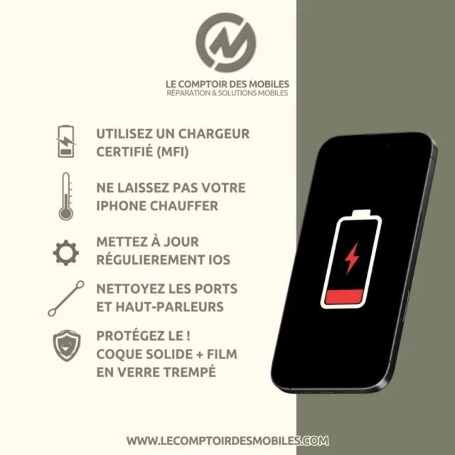 📱 Comment prolonger la durée de vie de votre iPhone ?

💡 Un iPhone bien entretenu peut durer plusieurs années sans perdre en performance. 

Voici 5 gestes simples à adopter dès maintenant :
1️⃣ Utilisez un chargeur certifié (MFi) : les câbles bas de gamme endommagent la batterie.
2️⃣ Ne laissez pas votre iPhone chauffer : évitez de l’exposer au soleil ou de jouer en charge.
3️⃣ Mettez à jour régulièrement iOS pour profiter des dernières optimisations.
4️⃣ Nettoyez les ports et haut-parleurs délicatement pour éviter la poussière.
5️⃣ Protégez-le avec une coque solide + un film en verre trempé.

🔧 Et si malgré tout, votre batterie faiblit ou votre écran fatigue, nos techniciens sont là pour vous proposer une réparation rapide, certifiée et durable.

📍 Boutiques à Neuilly, Boulogne et Montrouge 
📞 01 46 37 72 74
✉️contact@lecomptoirdesmobiles.com
🌐 www.lecomptoirdesmobiles.com

#astucemobile #iphone #entretieniphone #protectionmobile #comptoirdesmobiles #reparationiphone #smartphonetips #reparationmobile