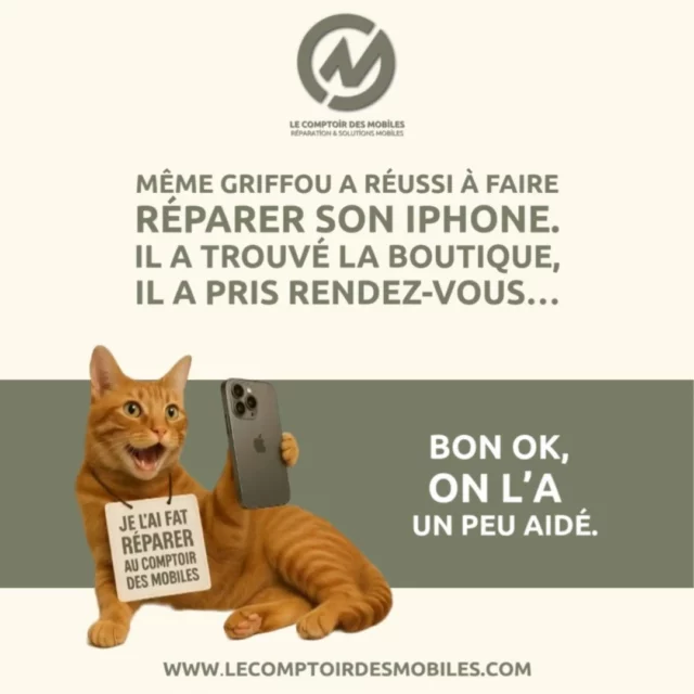 🎬 Nouvelle collab' exclusive : Griffou92 x Le Comptoir des Mobiles.

Après une course folle derrière un pigeon 🐦 (spoiler : il l’a raté), son iPhone a pris cher.

📍 Direction Le Comptoir des Mobiles.
🛠 Réparation express.
📸 Selfie de star devant la boutique.
😼 Et une pancarte fièrement portée :
“Je l’ai fait réparer au Comptoir des Mobiles.”

Aujourd’hui, Griffou est plus qu’un chat.
C’est un influenceur tech du 92.
Et il ne jure que par les réparations rapides, les batteries neuves…
et les caresses en boutique (ça, c’est bonus).

#griffoulechat #influenceurfelin #comptoirdesmobiles #iphonecasse #reparationexpress #neuilly #montrouge #boulogne #savmobile #smartphonerepare #chatdu92 #reparationrapide