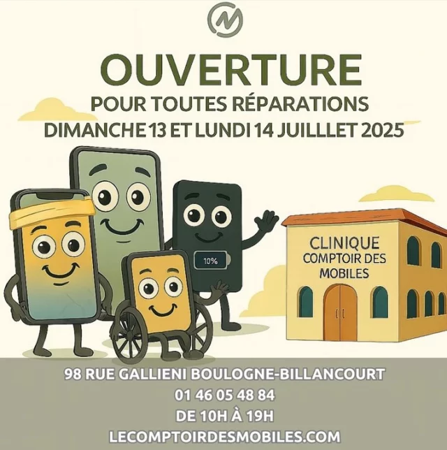 📱🛠 Même les téléphones ont droit à un petit check-up avant la fête nationale !
Écran fissuré, batterie capricieuse ou smartphone KO ?
🩺 Notre boutique de Boulogne-Billancourt est ouverte exceptionnellement dimanche 13 & lundi 14 juillet pour remettre tout ça sur pied 💪
Pas besoin d’attendre le mardi : notre technicien est sur le pont, même le jour férié 🔥
📍 Avec ou sans RDV, passez nous voir à Boulogne !
Notre technicien est prêt à tout remettre sur pied, avec ou sans RDV !
📍 Où nous trouver ?
📌 Boulogne-Billancourt
98 rue Gallieni, 92100 Boulogne-Billancourt
📞 01 46 05 48 84
🌐 www.lecomptoirdesmobiles.com
🛠 Réparation express – Garantie – Pièces de qualité – Service au top
👉 Prenez RDV en ligne dès maintenant ou passez directement en boutique !
#LeComptoirDesMobiles #RéparationSmartphone #OuvertLeDimanche #UrgenceMobile #iPhoneCasse #ReparationExpress #BoulogneBillancourt #Montrouge #SmartphoneCare #BatterieHS #EcranCasse