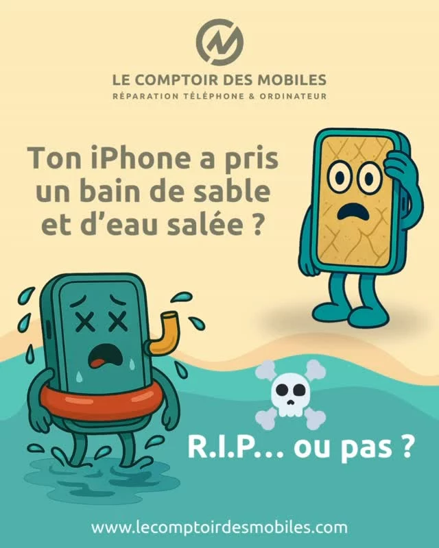 📱💦 Ton iPhone a pris un bain de sable et d’eau salée ?
Pas de panique… il n’est peut-être pas (encore) perdu 🌊😅

Chaque été, on récupère des téléphones sortis tout droit de la plage :
haut-parleurs muets, ports obstrués, écran figé, batterie qui lâche…
La bonne nouvelle ? On sait faire avec. Et vite.

🛠️ Nettoyage, désoxydation, réparation express : ton téléphone peut repartir comme neuf (ou presque).

📍 Estimation gratuite, sans rendez-vous, dans l’une de nos 4 boutiques :

📍 Neuilly-sur-Seine – 4 rue de Longchamp
📍 Neuilly-sur-Seine – 27 rue de Chartres
📍 Boulogne-Billancourt – 98 rue Gallieni
📍 Montrouge – 73 avenue de la République

🕒 Du lundi au samedi de 10h à 19h
📞 01 46 37 72 74
🌐 www.lecomptoirdesmobiles.com

#LeComptoirDesMobiles #ReparationSmartphone #iPhonePlage #SmartphoneEau #DiagnosticGratuit #NeuillySurSeine #BoulogneBillancourt #Montrouge #iPhoneCassé #RéparationExpress #ServiceMobile #RéparationiPhone #PlageEtTechnologie #iPhoneOxydé #TéléphoneTombé