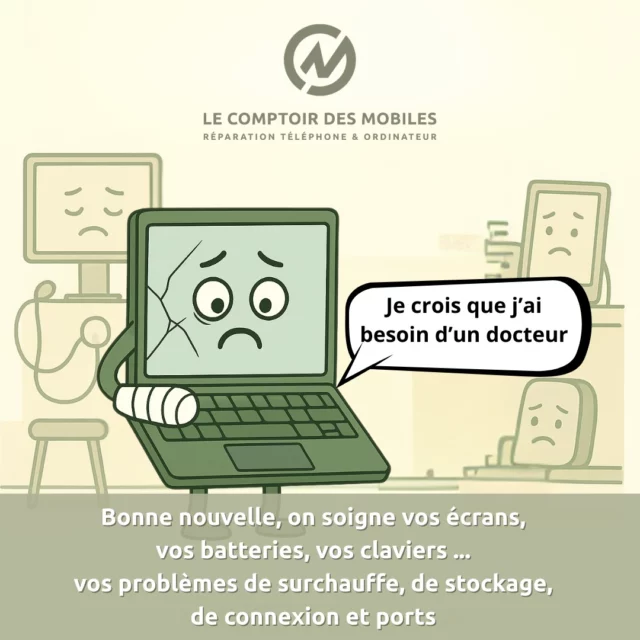 💻😷 “Je crois que j’ai besoin d’un docteur…”
Pas de panique petit PC, chez Le Comptoir des Mobiles, on a la solution !

👉 Écran fissuré, batterie épuisée, clavier qui fait grève, surchauffe digne d’un radiateur… bref, tout ce qui fait que ton appareil a plus de bobos que ton pote après une soirée 🥴.
Nous, on répare TOUT ça, vite et bien ✅

🔧 Nos services :
– Réparation écran
– Remplacement batterie
– Claviers, connecteurs, ports
– Problèmes de stockage & connexion
– Surchauffe & nettoyage complet

⚡ Appareils soignés en express, pièces de qualité et garantie à la clé.
Ton PC ou ton smartphone mérite un vrai check-up… et toi, tu mérites de retrouver un appareil en pleine forme !

👉 Changez votre batterie en un éclair 🚀, sans rendez-vous !

📌 Nos boutiques :
📍 Neuilly-sur-Seine – 4 rue de Longchamp
📍 Neuilly-sur-Seine – 27 rue de Chartres
📍 Boulogne-Billancourt – 98 rue Gallieni
📍 Montrouge – 73 avenue de la République

🕒 Du lundi au samedi – 10h à 19h
📞 01 46 37 72 74
📧 info@lecomptoirdesmobiles.com
🌐 www.lecomptoirdesmobiles.com

#LeComptoirdesMobiles #ReparationPC #ReparationSmartphone #BatterieHS #EcranCassé #BoulogneBillancourt #Montrouge #NeuillySurSeine #HumourTech