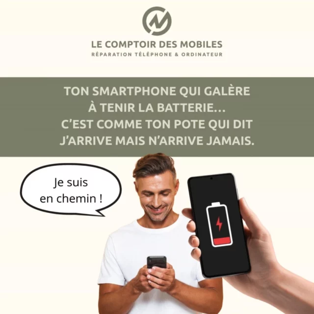 Ton smartphone qui galère à tenir la batterie…
c’est comme ton pote qui dit “j’arrive” mais qui n’arrive jamais. 🤦‍♂️🔋

👉 Changez votre batterie en un éclair 🚀, sans rendez-vous !

💡 Réparation express, garantie, pièces de qualité.
Parce que vos excuses, on les connaît déjà… mais pas celles de votre téléphone. 😏

📌 Nos boutiques :
📍 Neuilly-sur-Seine – 4 rue de Longchamp
📍 Neuilly-sur-Seine – 27 rue de Chartres
📍 Boulogne-Billancourt – 98 rue Gallieni
📍 Montrouge – 73 avenue de la République

🕒 Du lundi au samedi – 10h à 19h
📞 01 46 37 72 74
📧 info@lecomptoirdesmobiles.com

🌐 www.lecomptoirdesmobiles.com

#BatterieHS #ReparationSmartphone #LeComptoirdesMobiles #BoulogneBillancourt #Montrouge #NeuillySurSeine #iPhoneRepair #AndroidRepair #HumourTech