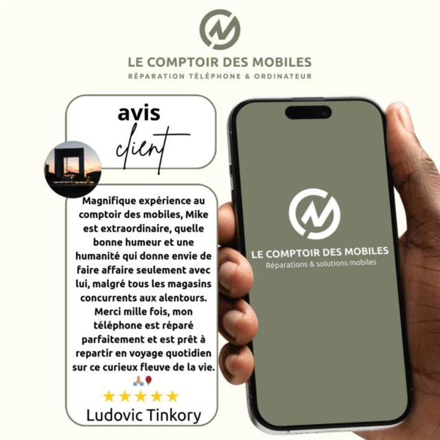 📱✨ Une expérience qui fait chaud au cœur ✨📱

"Magnifique expérience au Comptoir des Mobiles, Mike est extraordinaire ! Une bonne humeur communicative et une humanité qui donnent envie de revenir, malgré tous les concurrents aux alentours. Mon téléphone est réparé parfaitement et prêt à repartir en voyage sur ce curieux fleuve de la vie. 🙏🌹"
— Merci beaucoup à M. Ludovic Tinkory pour ce superbe retour 💙

Pour Le Comptoir des Mobiles, ce sont vos mots qui nous motivent chaque jour. Merci de votre confiance 🙌

👉 Et vous, quelle est votre plus belle expérience chez nous ?

#LeComptoirDesMobiles #ReparationSmartphone #ClientSatisfait #BoulogneBillancourt #Montrouge #BonneHumeur