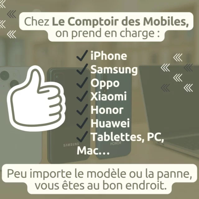 📱✨ iPhone, Samsung, Xiaomi, Oppo, Huawei, Honor… et même vos tablettes ou ordinateurs : chez Le Comptoir des Mobiles, on répare TOUTES les marques !

👉 Peu importe le modèle ou la panne, nos techniciens trouvent la solution adaptée.
⚡ Réparation express
🔧 Pièces et main-d’œuvre incluses
✅ Garantie sérénité

📍 Nos boutiques :

Neuilly-sur-Seine

Boulogne-Billancourt

Montrouge

📞 01 46 37 72 74
📧 info@lecomptoirdesmobiles.com

🌐 www.lecomptoirdesmobiles.com

Passez sans rendez-vous, on s’occupe de tout !

#RéparationSmartphone #Samsung #Xiaomi #Oppo #Huawei #Honor #LeComptoirDesMobiles #RéparationExpress #NeuillySurSeine #BoulogneBillancourt #Montrouge